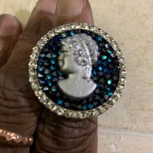 Vintage Cameo Brooch Ring with Blue & Silver Crystals Accents size 6-7